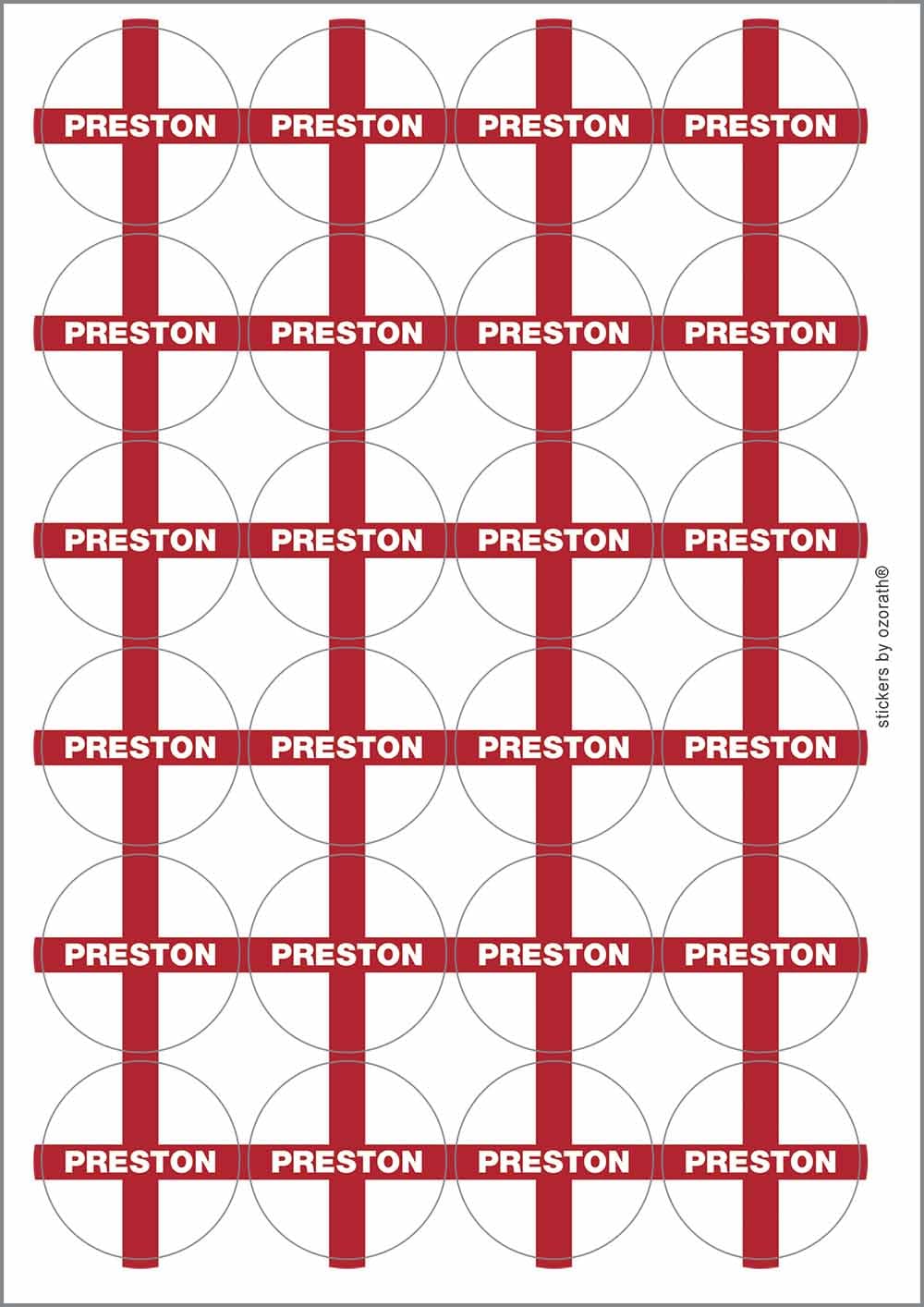 Preston England Flag Circular Matt Paper Stickers A4 Sheet of 24 (Each Sticker is 45mm Diameter)