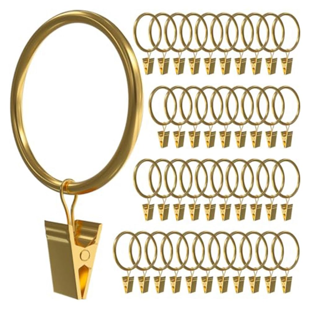 CTRLZS Curtain Ring Clips 40 PCS, 1.5 Inch Diameter Curtain Hook Rings, Fits Up to 1.2 Inch Rod, Draperies Rings Included Gold