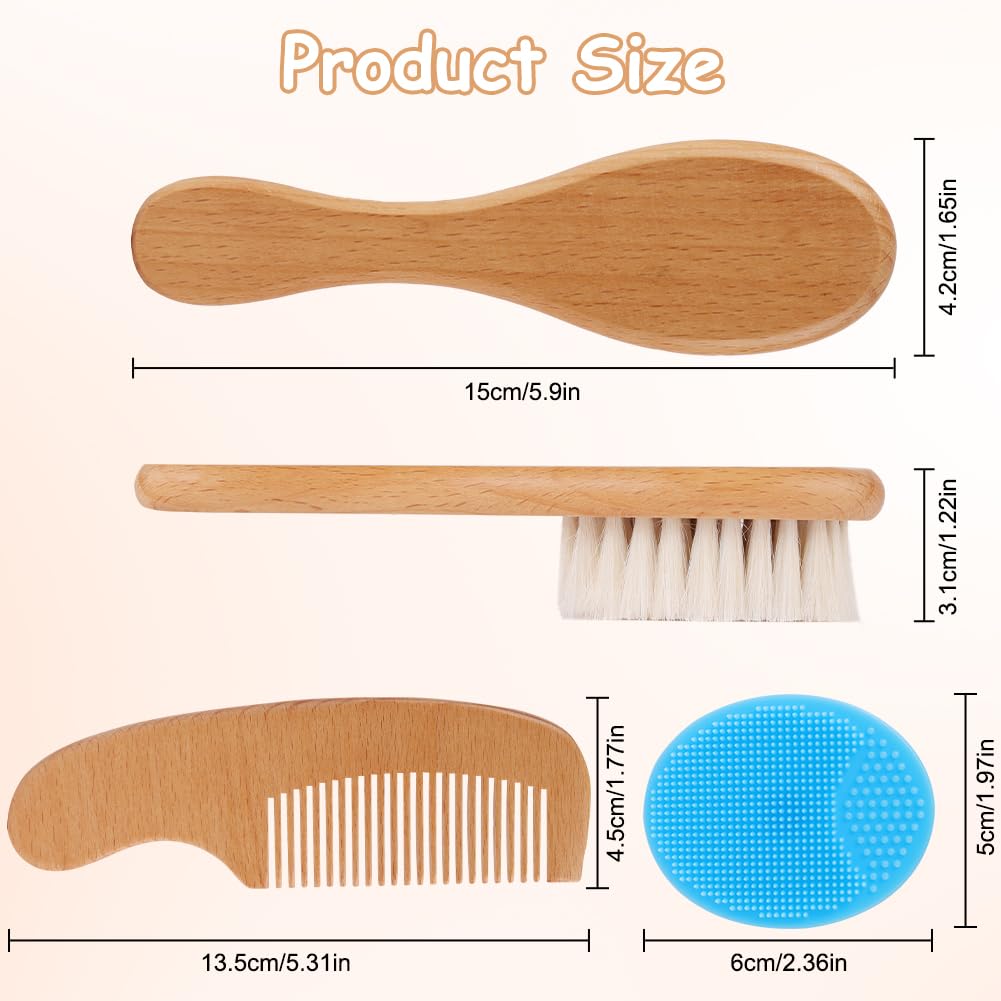 Beugo Baby Hair Brush, 3PCS Baby Hair Brushes and Comb Set, Wooden Goat Bristles Brush, Comb and Toddler Silicone Brushs - Image 2