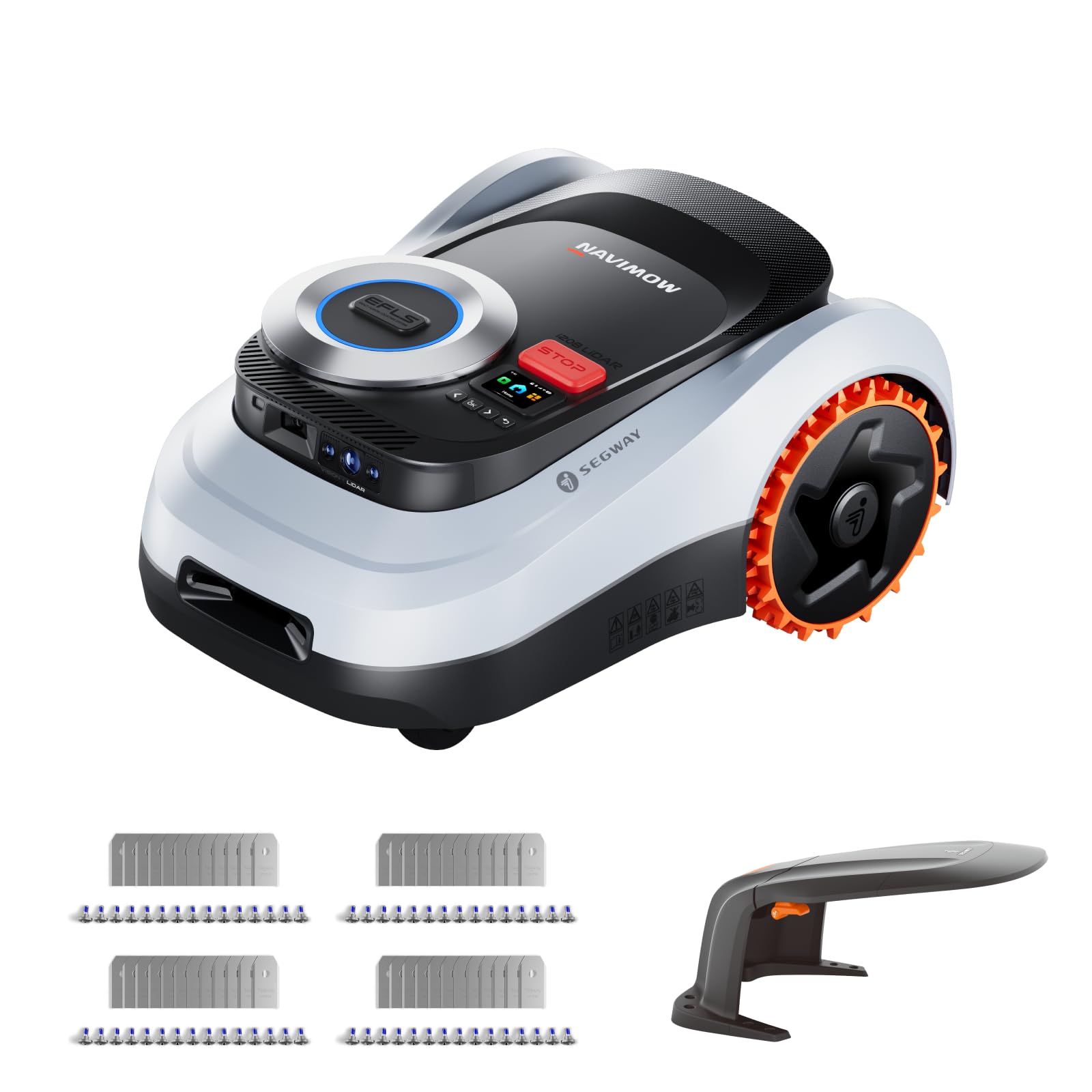 Segway Navimow i208 LiDAR mit Garage M + 4 Sätze Klingen, Mähroboter ohne Begrenzungskabel für 800 m², bis 45% Steigung, Solid-State LiDAR + Vision, Auto-Kartierung, Ohne Antenne, Integriertes 4G