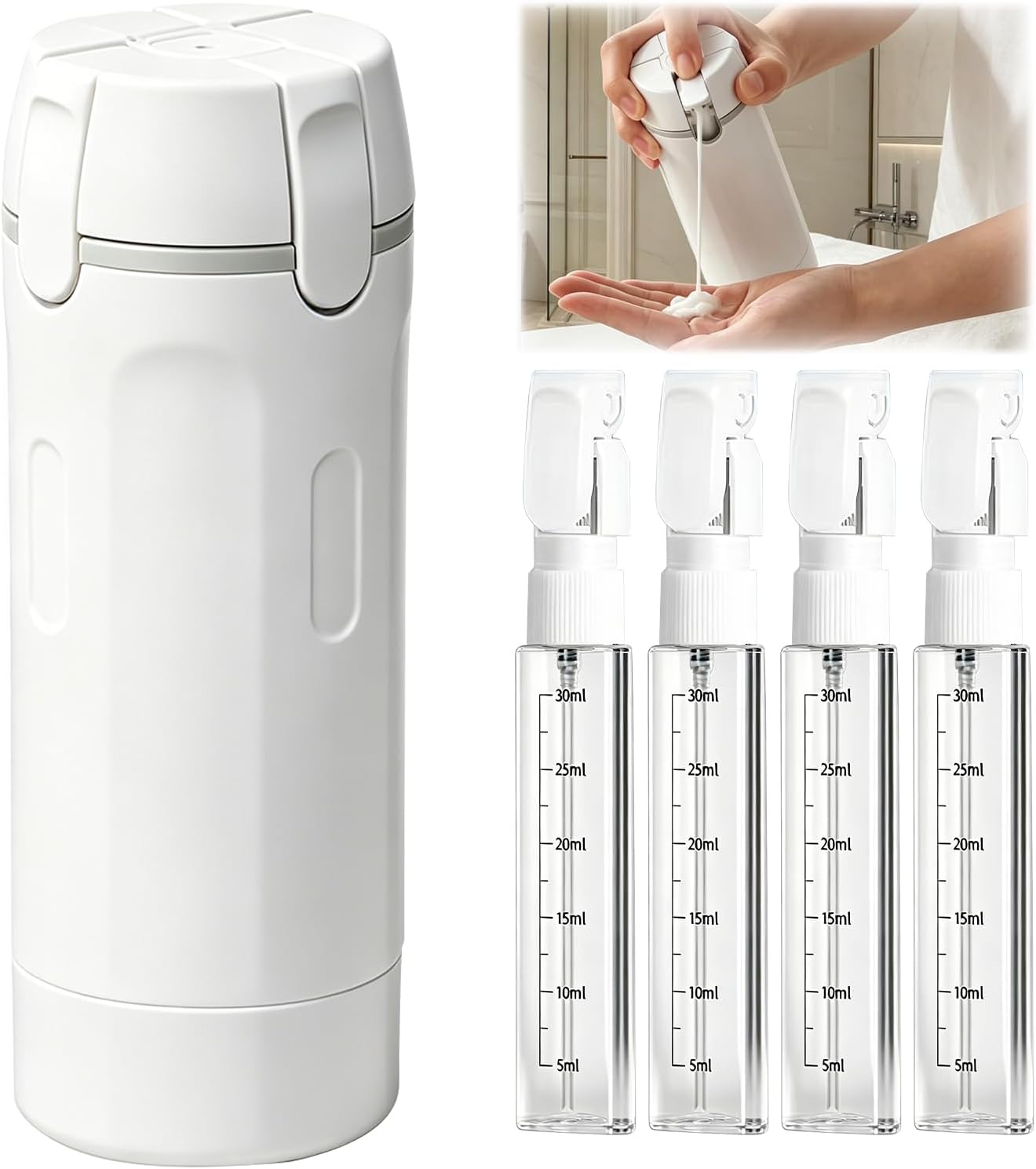 4 in 1 Travel Bottles for Toiletries Leak Proof Pump Dispenser Set - Refillable Travel Containers with Labels & Scale, Portable Shampoo Lotion Bottles for Carry On Travel Gym