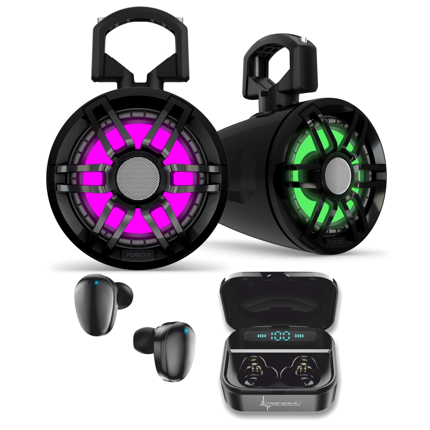 Wearable4U Garmin Tread 6.5 XS-LED Tower Speakers Black Earbuds Bundle