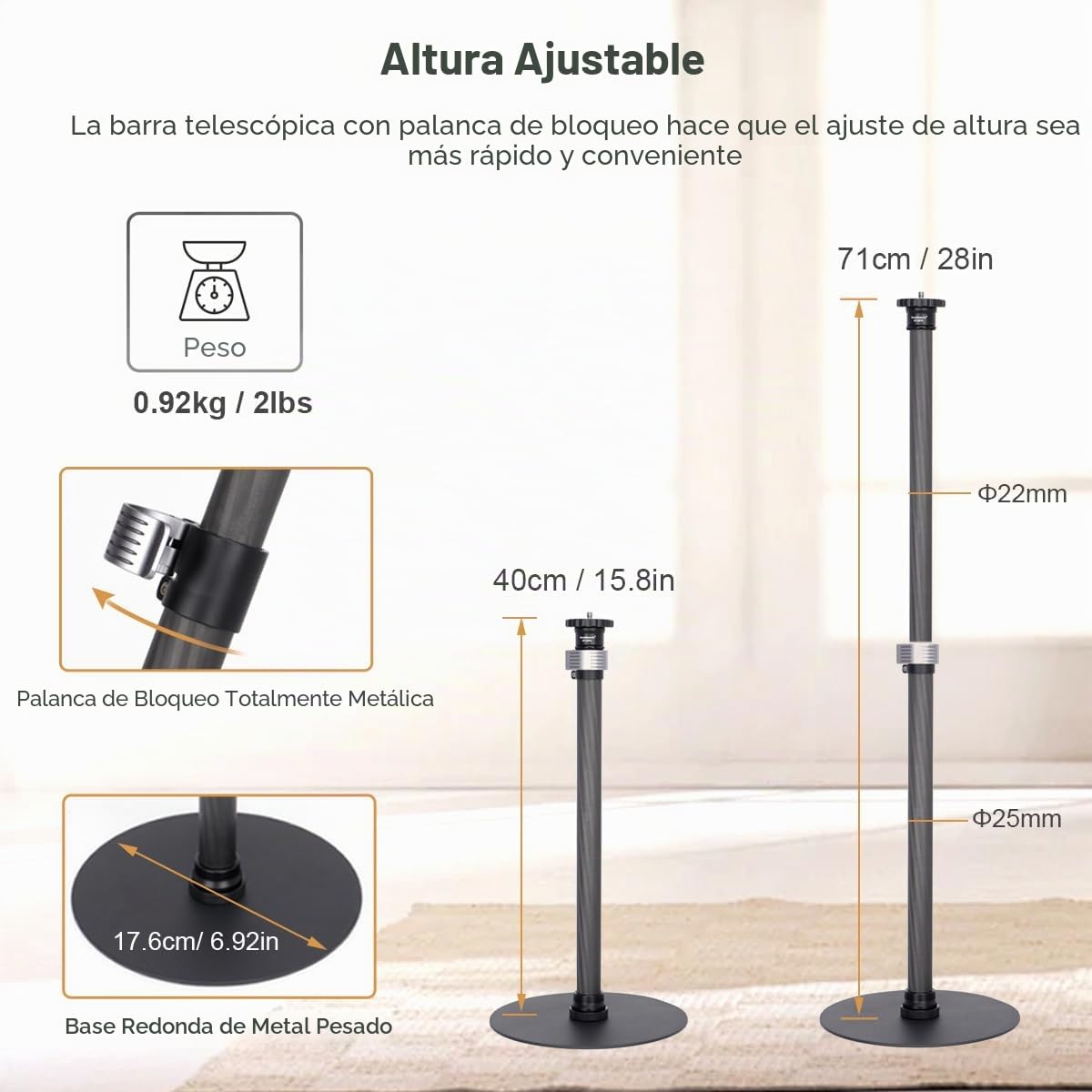 Koolehaoda Soporte monopié para escritorio, soporte de mesa ajustable de 16 a 28 pulgadas con base pesada, soporte de montaje monopié de fibra de carbono para cámara DSLR, luz, cámara web, transmisión