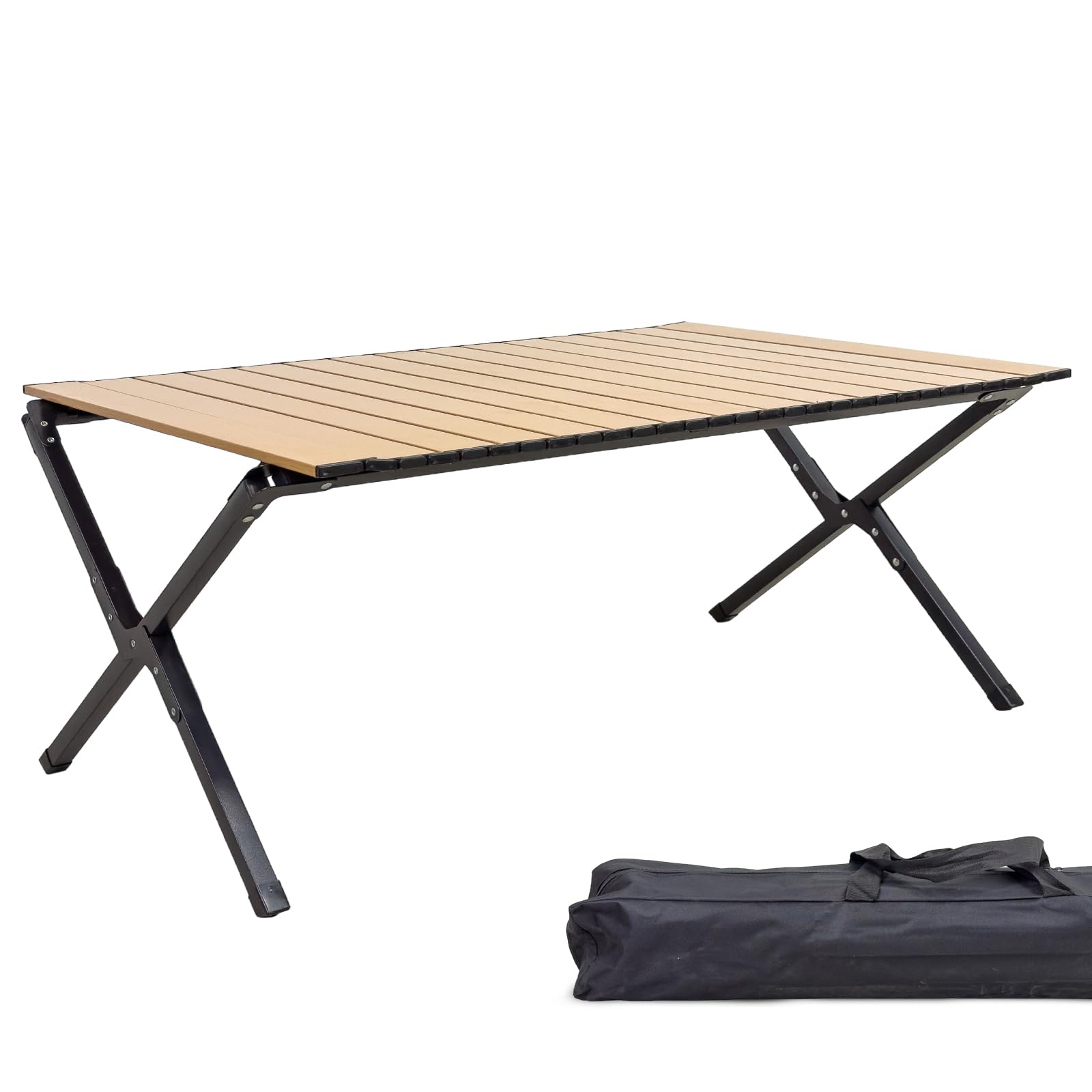 Grafner XL Campingtisch in Holzoptik klappbar, 89 x 58 x 43 cm, niedrige Ausführung, kleines Packmaß mit Tasche, stabil und tragbar, bis 50 kg, Carbonstahl, Rolltisch Klapptisch Picknick Tisch Holz Garten