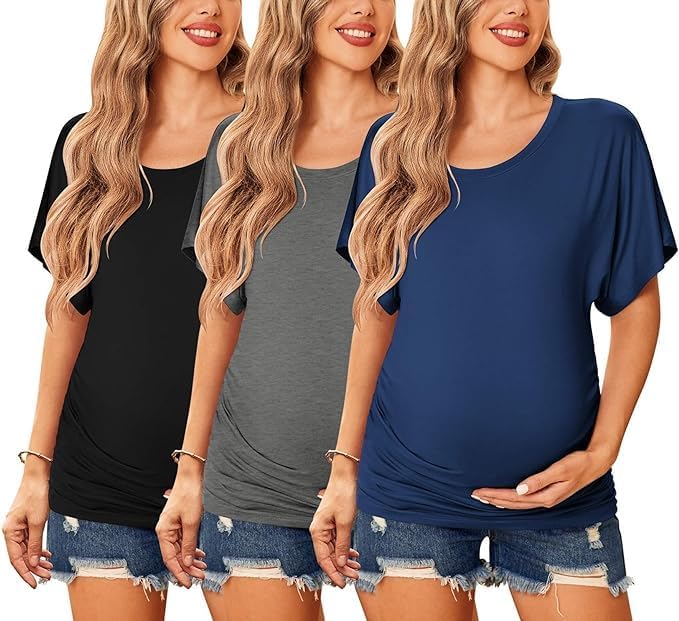 ELESOL Maternity Shirts 3 Packs Dolman Sleeve Side Ruched Tops Tunic Casual Pregnancy Clothes