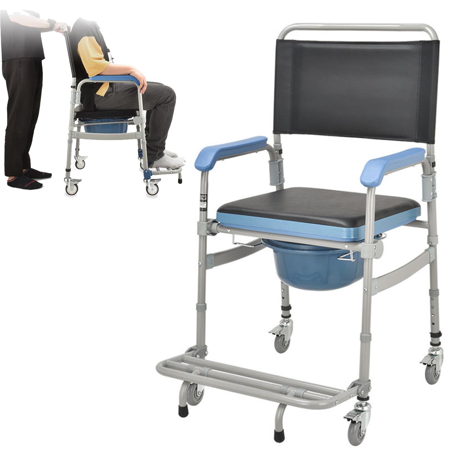 BHGFYXBS Folding Toilet Shower Chair, Portable Height Adjustable Stool With Removable Pot, Mobile Bedside Commodes Wheelchair For Elderly And Pregnant, 150Kg Weight Capacity,