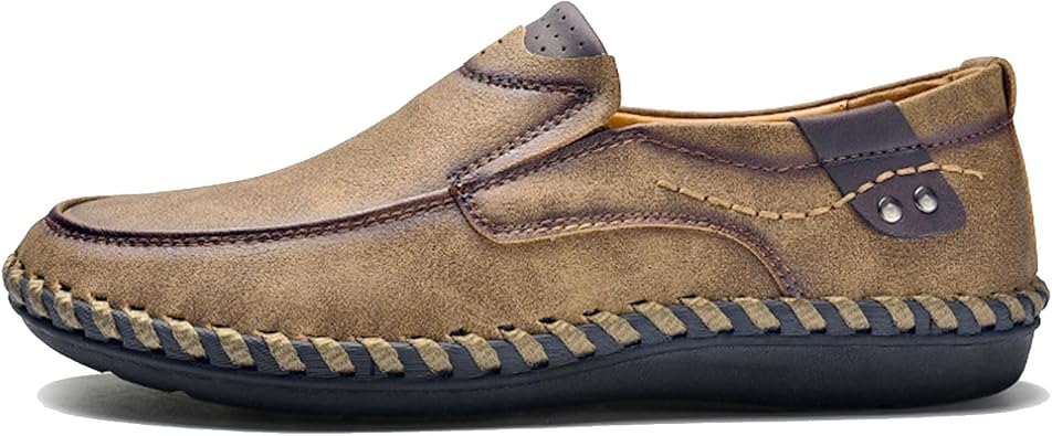 Hoefirm Men's Loafers Flat Leather Slippers Casual Slip on Shoes Breathable Moccasin Hand Stitched Walking Shoes
