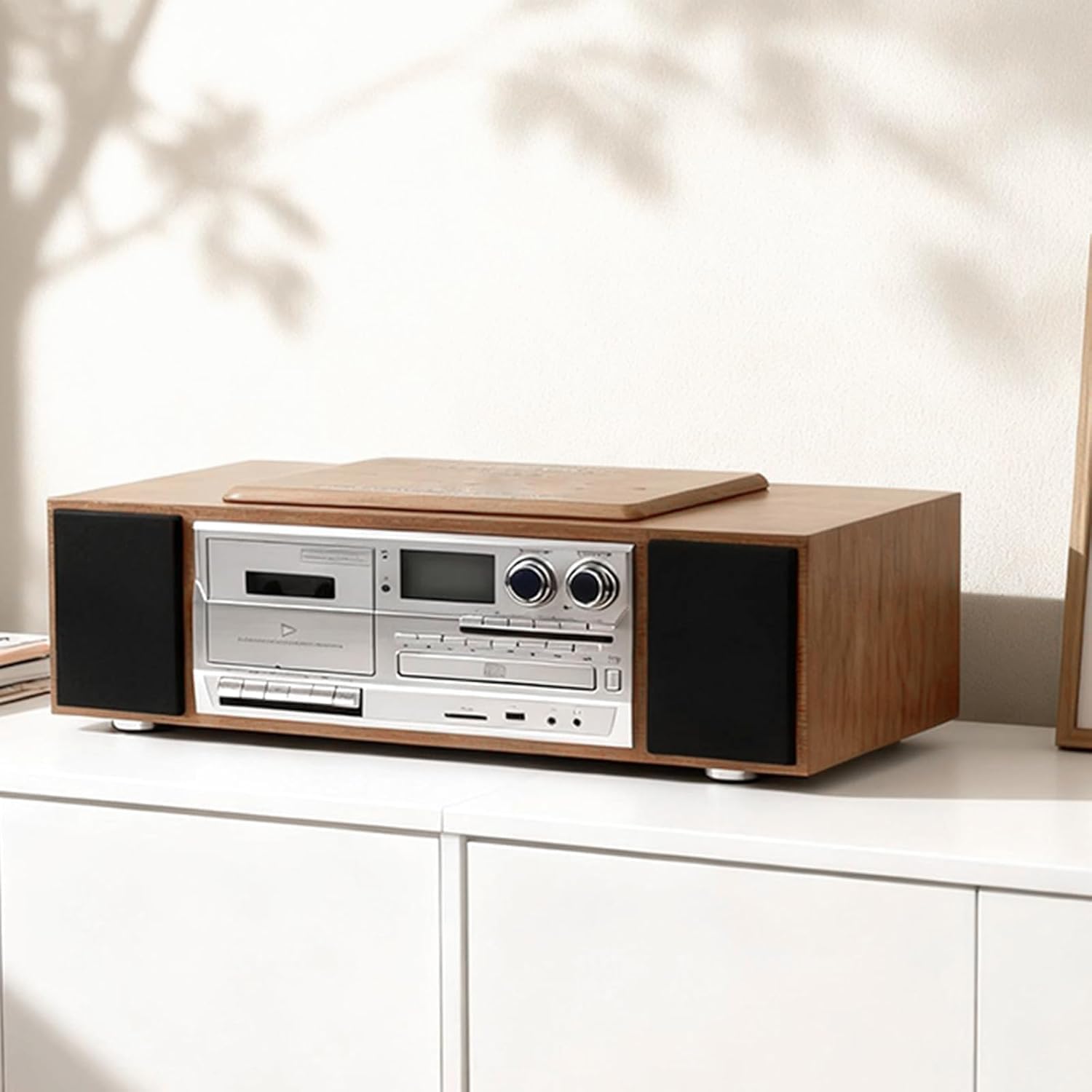 Reproductor de CD con reproductor de cassette, altavoces estéreo duales, pantalla LCD, Bluetooth, reproducción USB, entrada AUX y control remoto, sistema de música 5 en 1 para el hogar y la oficina