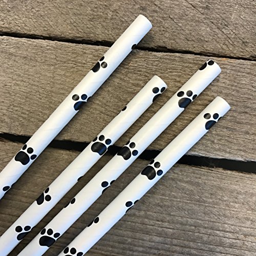 Dog Theme Paw Print Paper Drinking Straws - Black White - 7.75 Inches - 100 Pack - Outside The Box Papers Brand #TOP2