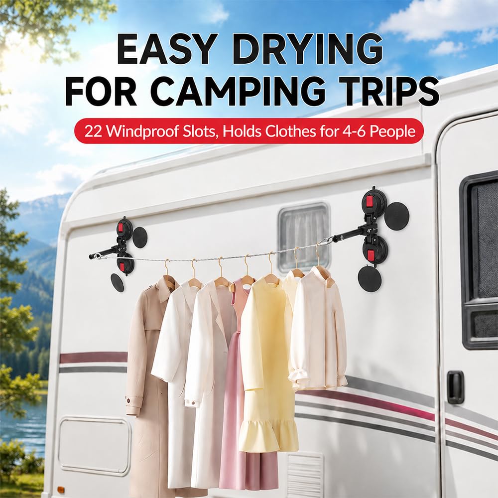Wäscheleine für Carthago c-Tourer I 149 LE 2021-2026 Wohnmobil mit Saugnapf Camping Wäscheleine Tragbar Reise mit 22 Befestigungspunkten