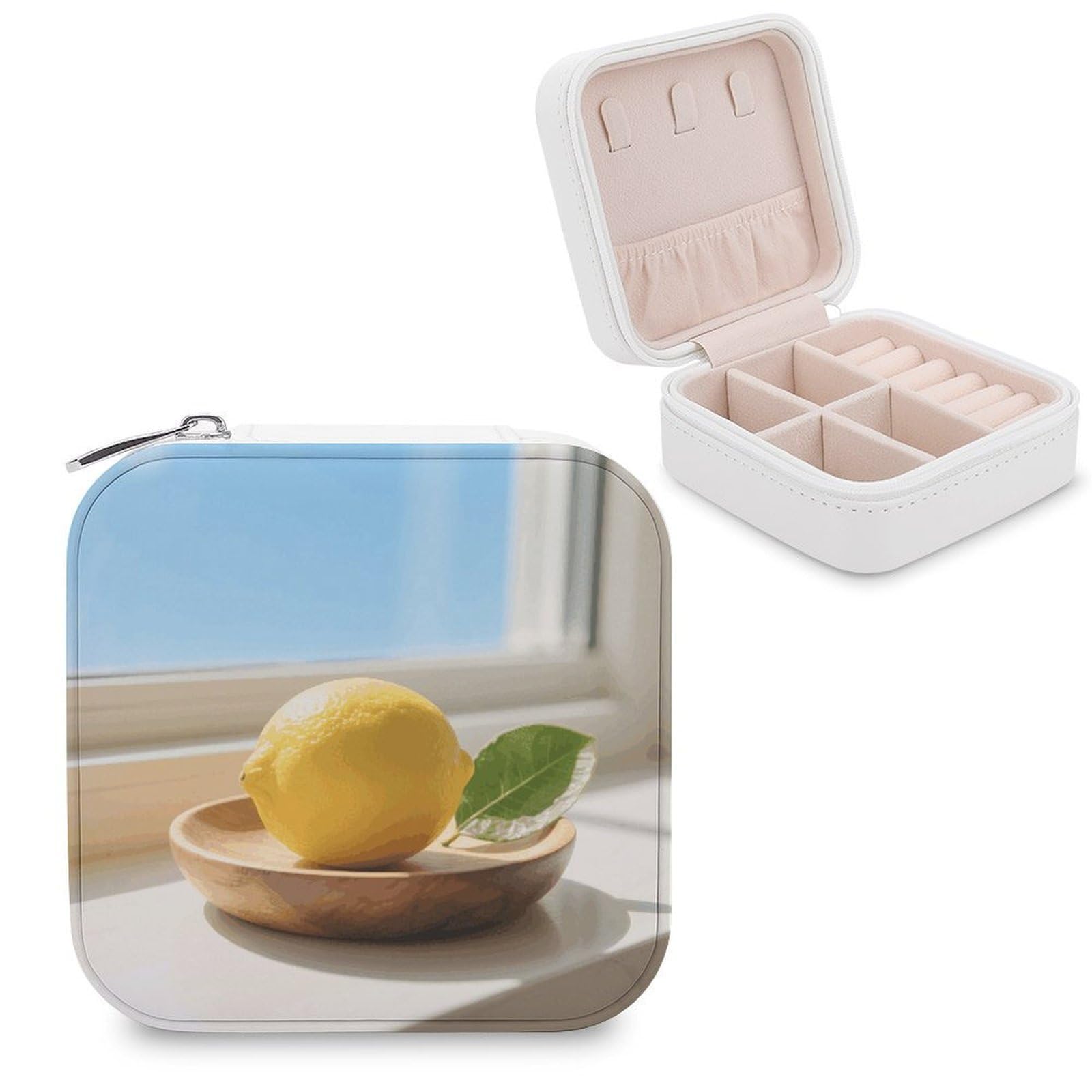 VstaDank Lemon Jewelry Box for Women Jewelry Organizer Storage Case with Zipper Mini Travel Jewelry Case Cute Trinket Organizer Leather Portable Jewelry Storage Box