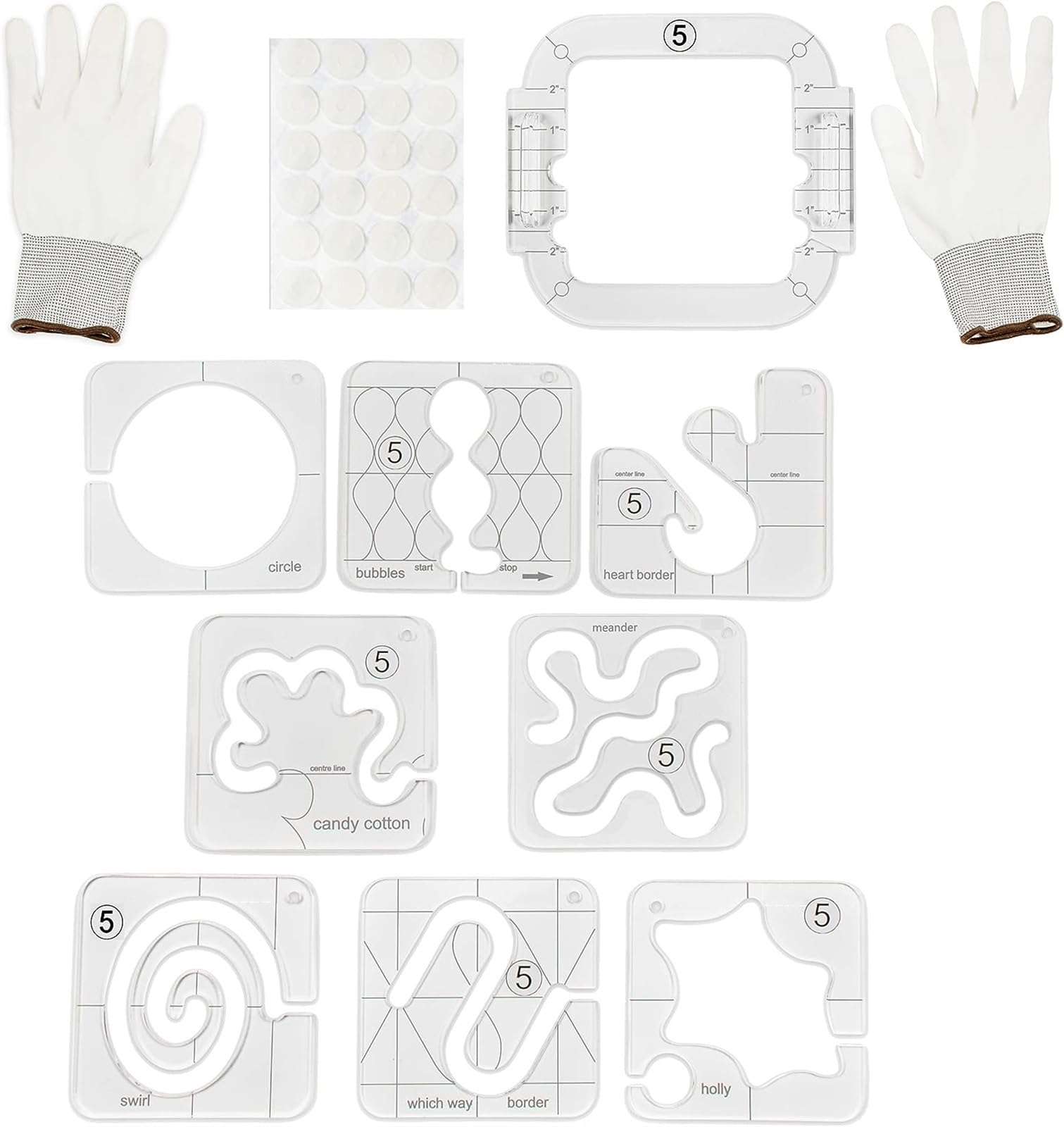 THE WHITE SHOP 12 Quilt Template Set includes quilt templates, quilting mitts, quilting stickers, and quilting guides. Free quilting rulers and templates