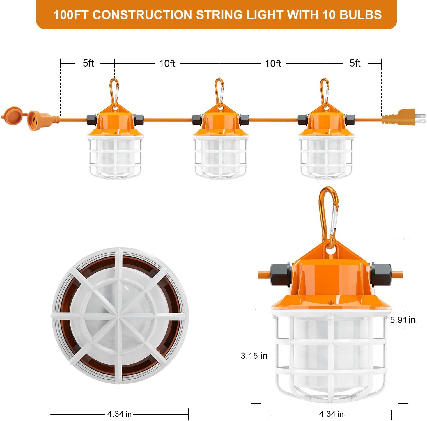 NS 100FT Construction String Lights 150W LED Industrial Grade 15000LM 5000K IP65 Linkable for Construction Sites, Temporary Work, Renovation, Jobsite,All Outdoor Lighting, with 10 Bulbs and Hook - Image 4