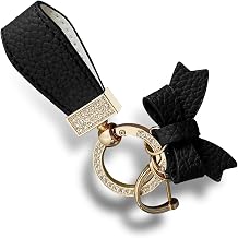 Leather Bowknot Keychain, Bling Crystal Rhinestone Car Key Ornament, Zinc Alloy Stylish Golden key Rings for Wallet Backpack Bag Charm, Universal for Women Girl Black