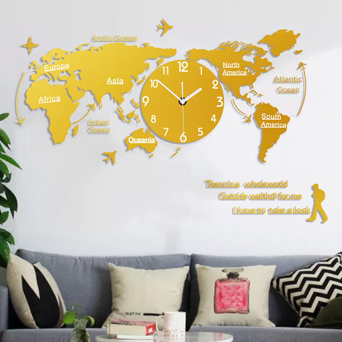 BESTOYARD Acrilico Orologio da Parete con Mappa Globale Silenzioso