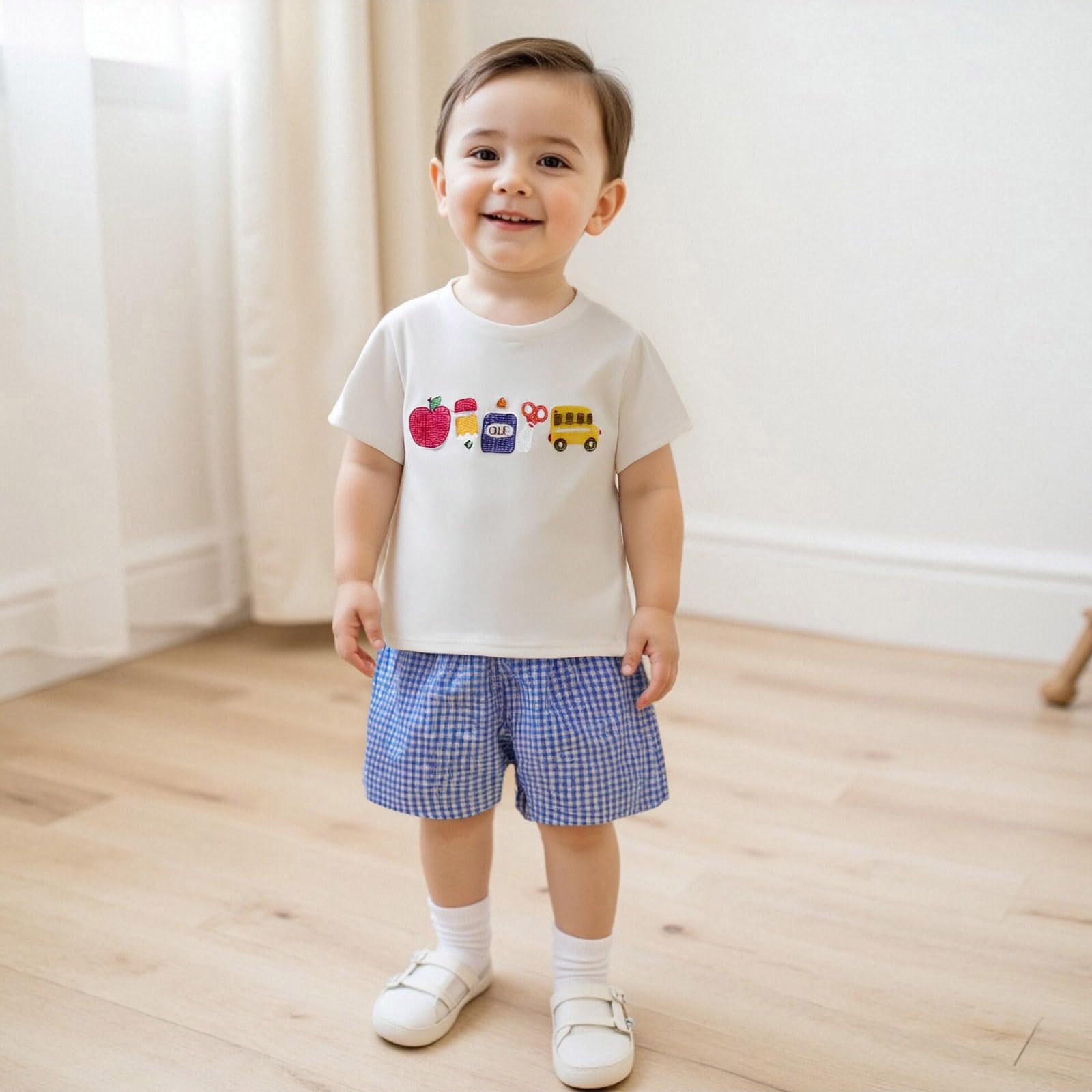 Pudcoco Toddler Boys Back to School Outfit Pre-k Kindergarten 1st Day of School Embroidery T-shirt and Plaid Shorts Set (Blue, 18-24 Months)