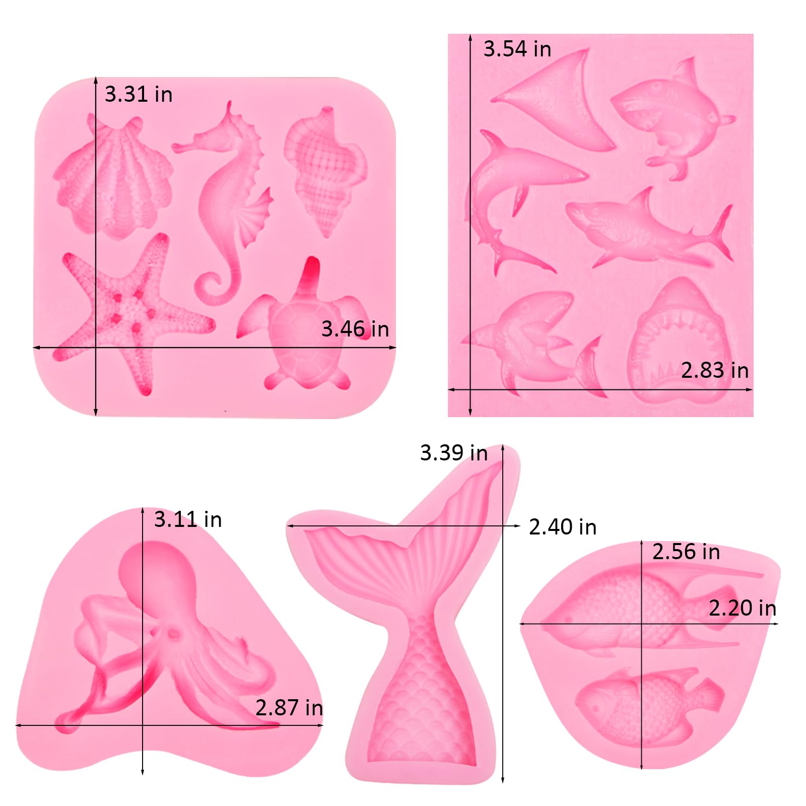 Mermaid Tail Candy Mold, Sea Theme Shark Fish Octopus Silicone Molds, Marine Turtle Starfish Shell Seahorse Chocolate Baking Mold for Cake Decoration Cupcake Topper Fondant Clay Resin