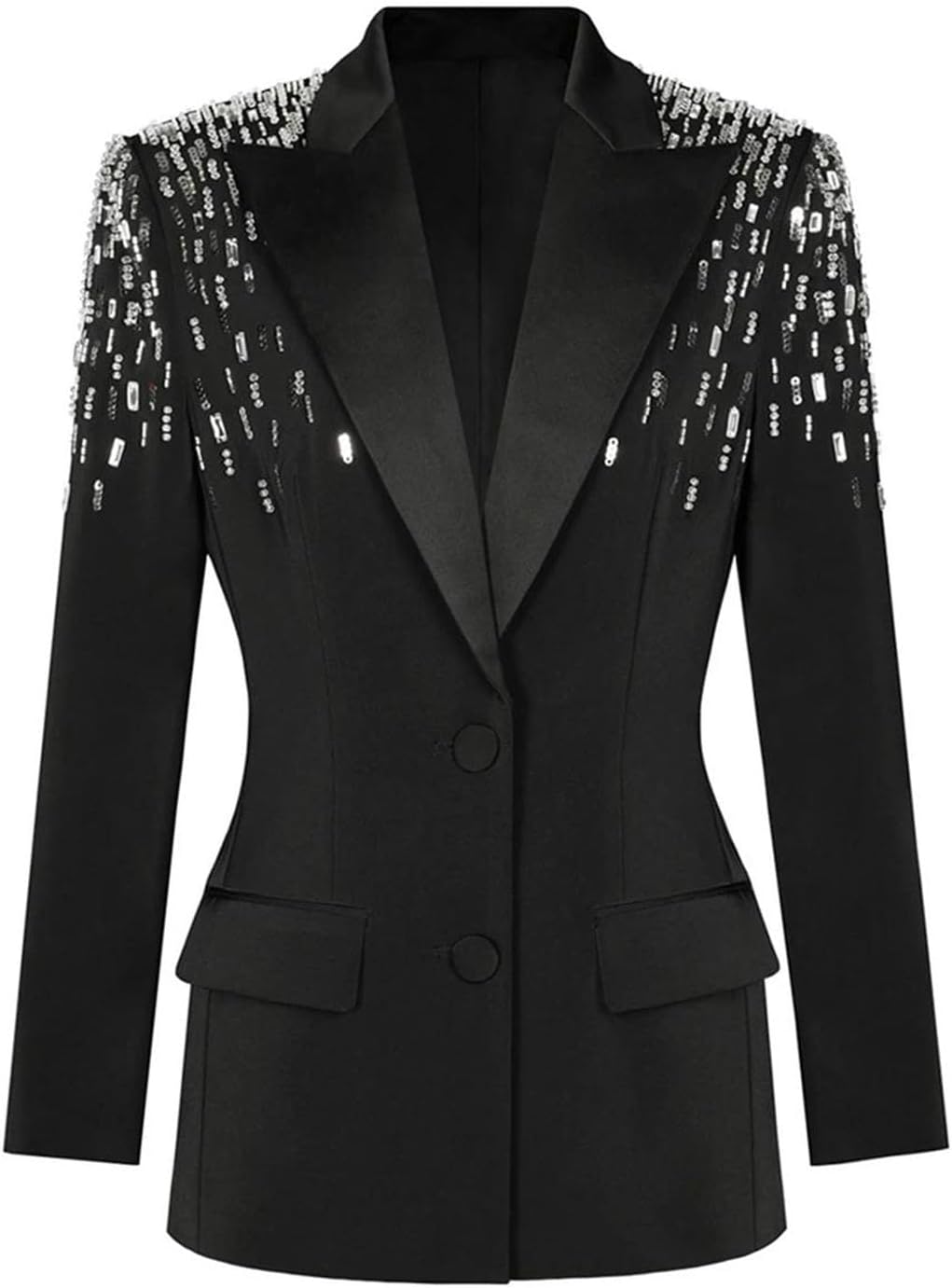 Women Diamond Blazer Lapel Long Sleeve Elegant Patchwork Suit Jacket