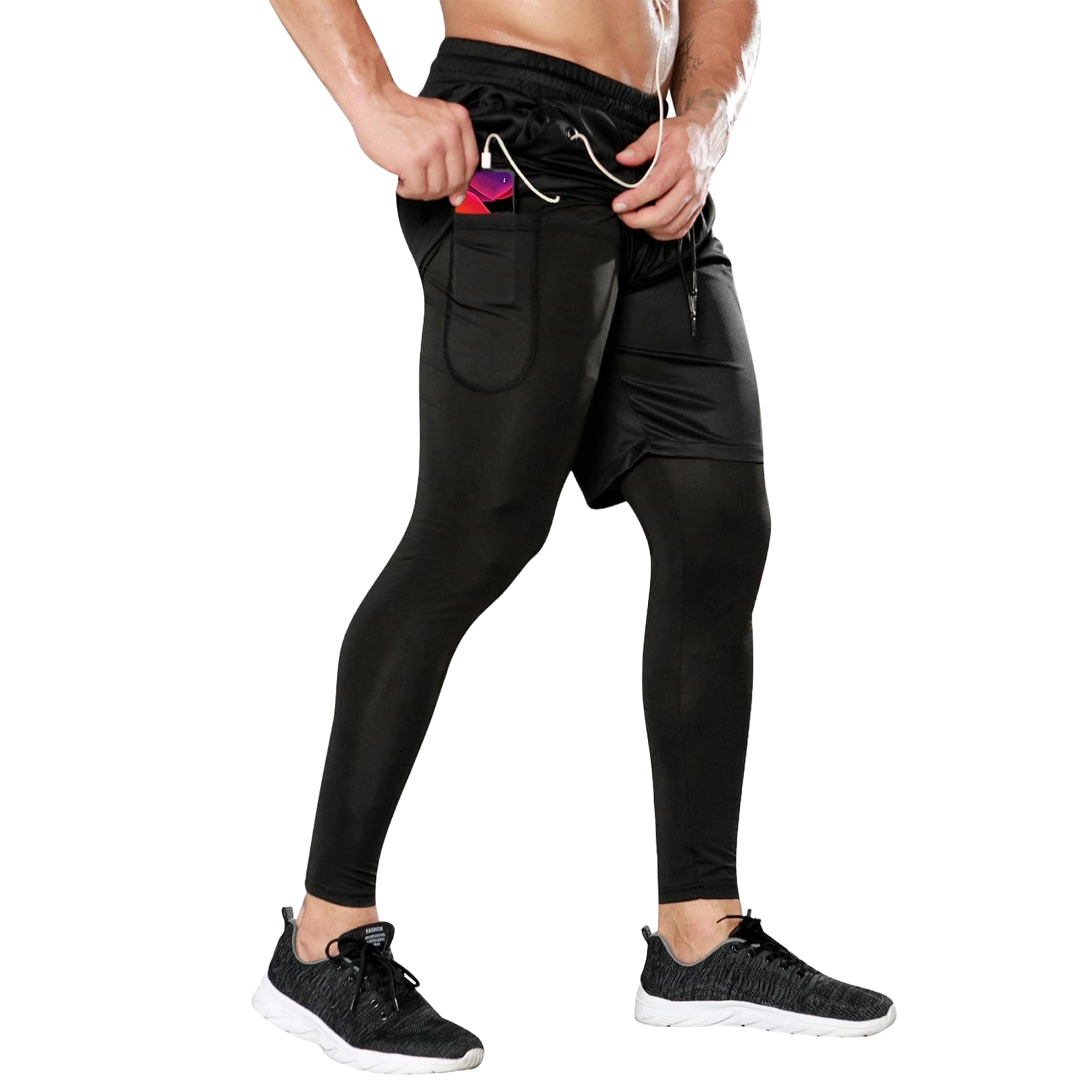 Kreeqe Men's 2 in 1 Running Gym Workout Compression Pants for Men Training Athletic Black
