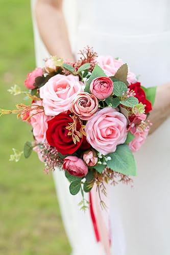 Miniatura 5 de Ramos de boda rojos y rosas para novia, ramo de dama de honor, rosas artificiales, ramo de novia para boda, iglesia, decoración del hogar, regalos