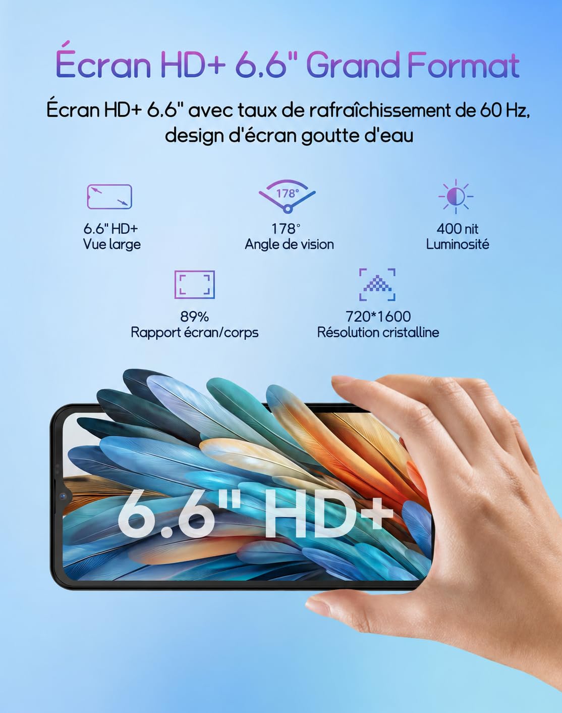 INVENS NOTE TK01 Téléphone Portable, 7(3+4)Go + 32Go(TF 256GB) Telephone Pas Cher, Écran 6.6"HD+, 16MP+5MP Smatphone, Batterie 4250mAh Android Telephone Portable, Double 4G SIM/OTG/Face ID/GPS, Bleu