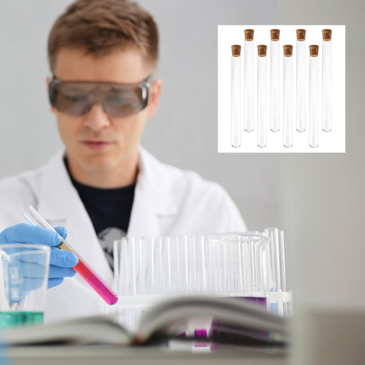 Tubes à Essai Verre 20 CM Fond Rond Lot de 8 Bouchons Liège pour Stockage Liquide et Expériences Scientifiques à Domicile Laboratoire