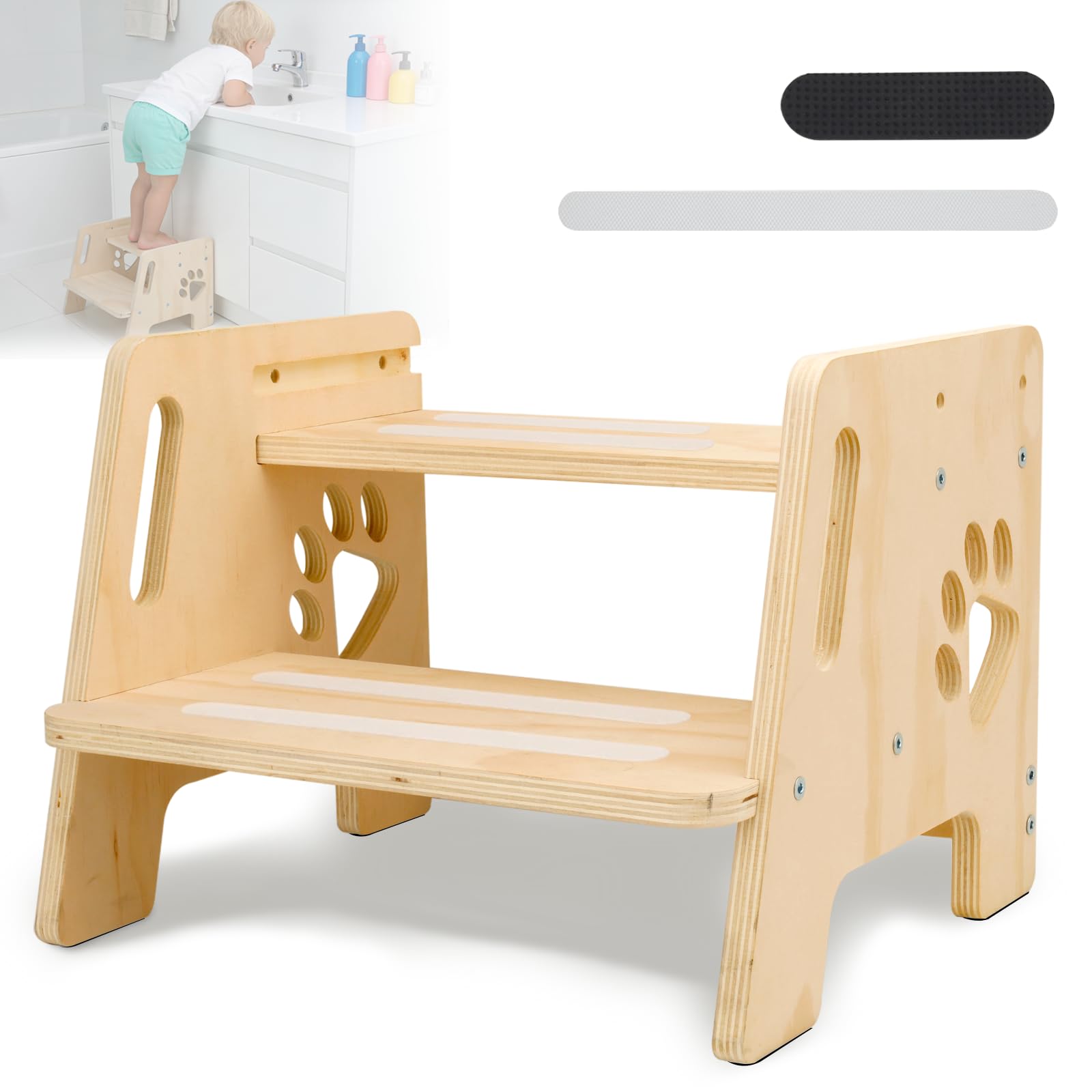 Escalón Infantil Taburete Infantil de Madera 2 Peldaños Altura Regulable Escalera con Asas Antideslizante para Baño Lavabo Cocina Dormitorio Entrenamiento de Inodoro para Niños