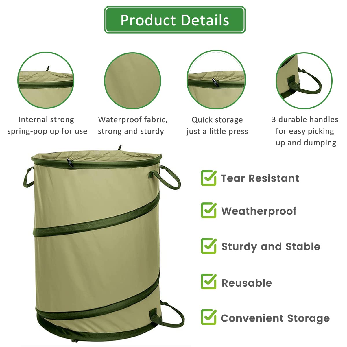 Sacco per rifiuti da giardino con 3 manici, 2 sacchi per rifiuti da 113 l/30 gal, sacco da giardino con tasche di stoccaggio, resistente agli strappi, robusto e pieghevole