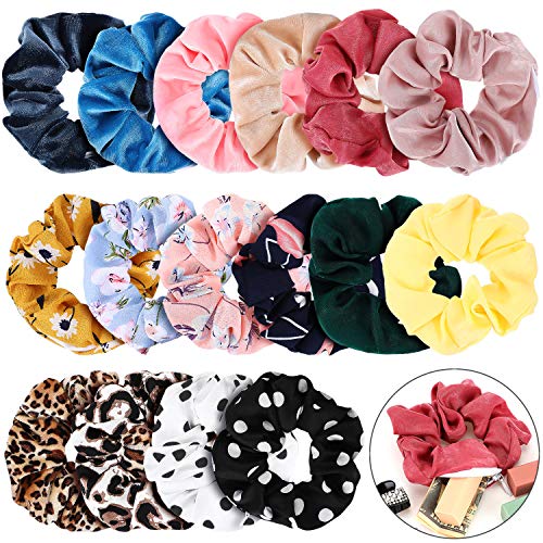 16 Pieces Velvet Pocket Hair Scrunchies Hidden Pocket Satin Elastic Hair Ties Flowers Leopard Print Hair Bands with Zipper Pocket for Women Girls Hair Accessories