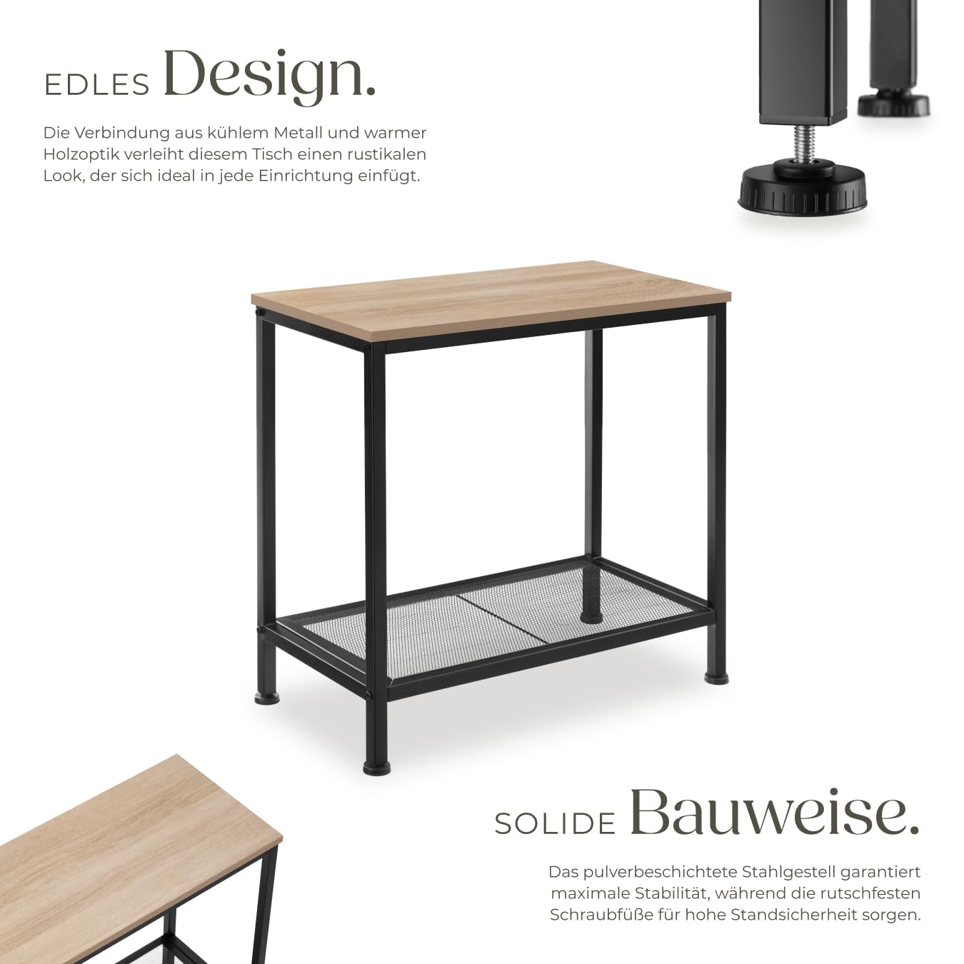 tectake® Beistelltisch Holz + Metall, Nachttisch schmal, Couchtisch mit Gitterablage, Konsolentisch, Tisch Wohnzimmer, Deko Schlafzimmer, Blumenständer - Industrial Holz hell, Eiche Sonoma