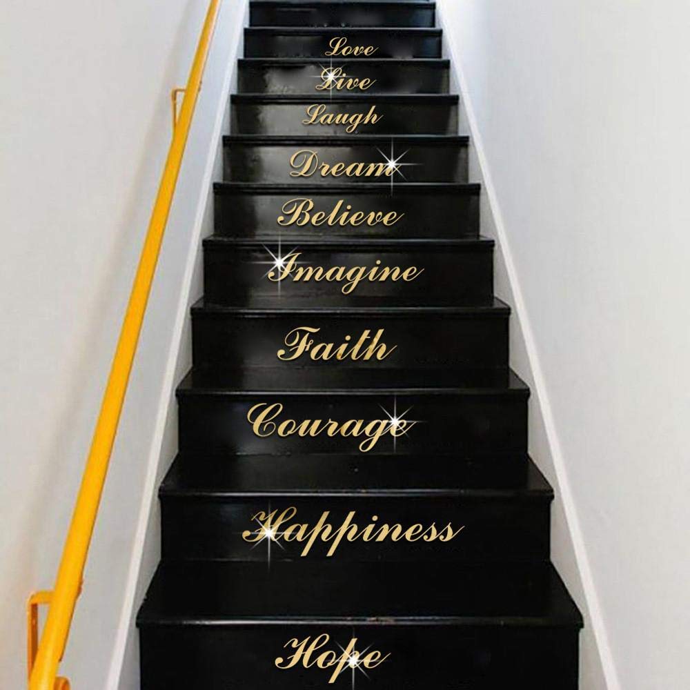 10 Pcs Stair Stickers Wall Acrylic Mirror Effect Word Art Stair Decals Design DIY Self-Adhesive Decoration Removable Wallpaper for Home Living Room Bedroom Bathroom Kitchen Decor Mural Quotes (Gold)