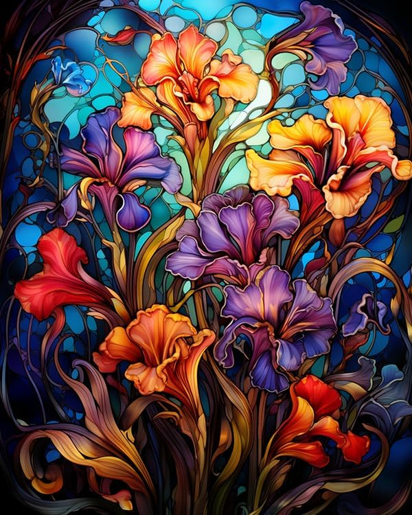 DIY Oil Painting Paint by Number Kit Beautiful Iris Flowers, Stained Glass Style DIY Painting by Number Kits Oil Paint Drawing Canvas Home Decor Gift,40x50cm Without Frame