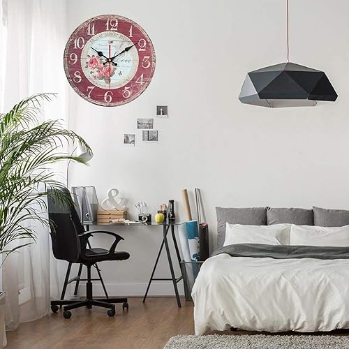 Miniatura 6 de YeYo Reloj de pared redondo rojo simple estilo europeo rosa reloj de pared madera MDF impermeable flores silenciosas decoración para el hogar, sala