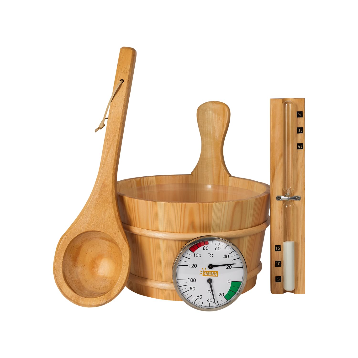 Klassisches Saunazubehörset 5-teilig aus naturbelassenem Holz mit Eimer 4l, Kelle, Thermometer & Sanduhr