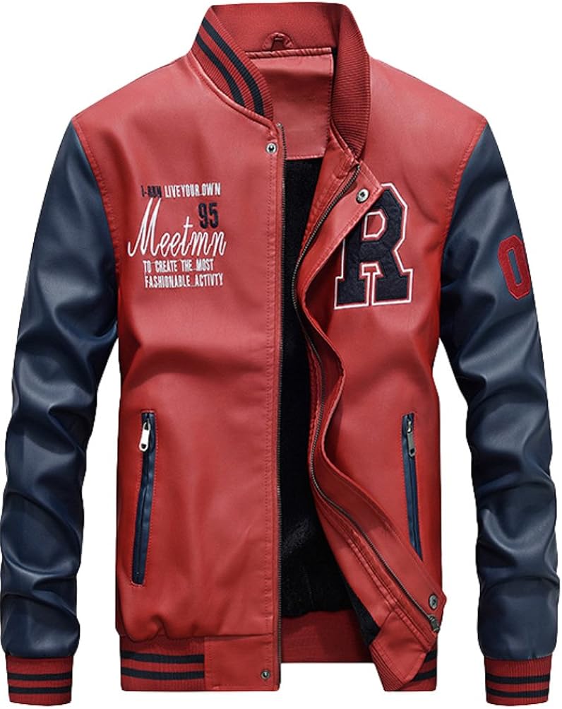 Mordenmiss Men's Basic Leather Letter Man Baseball Varsity Jacket Bomber Outwear at  Men’s Clothing store