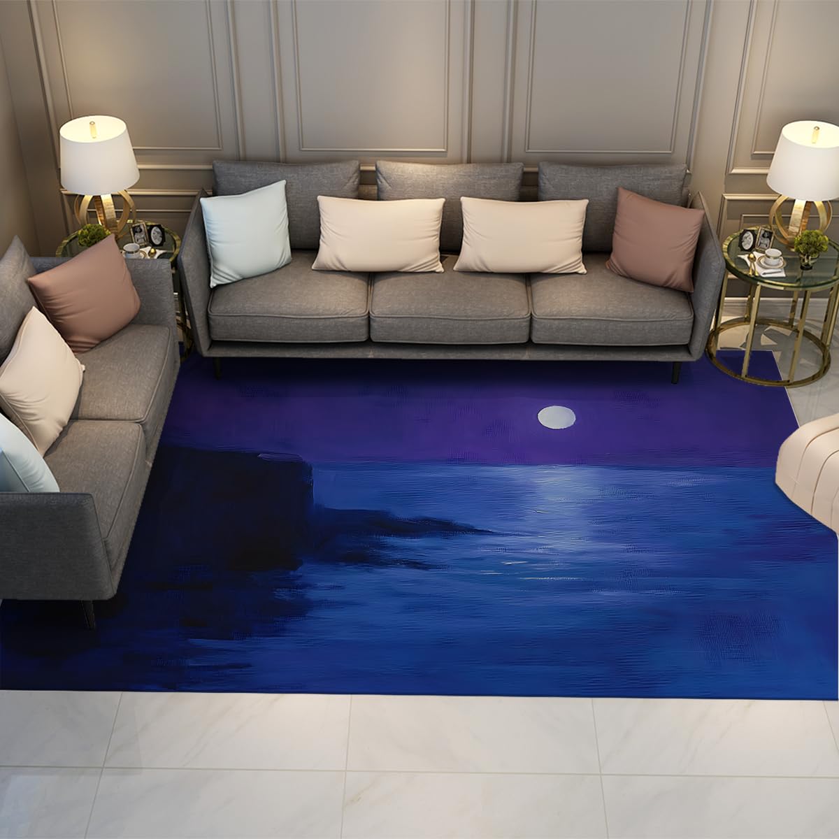 Dywan z motywem księżyca o wymiarach 160 x 230 cm – minimalistyczna przybrzeżna atmosfera maty podłogowe pokój do nauki medytacja przestrzeń niebieski i fioletowy dywany z niskim runem