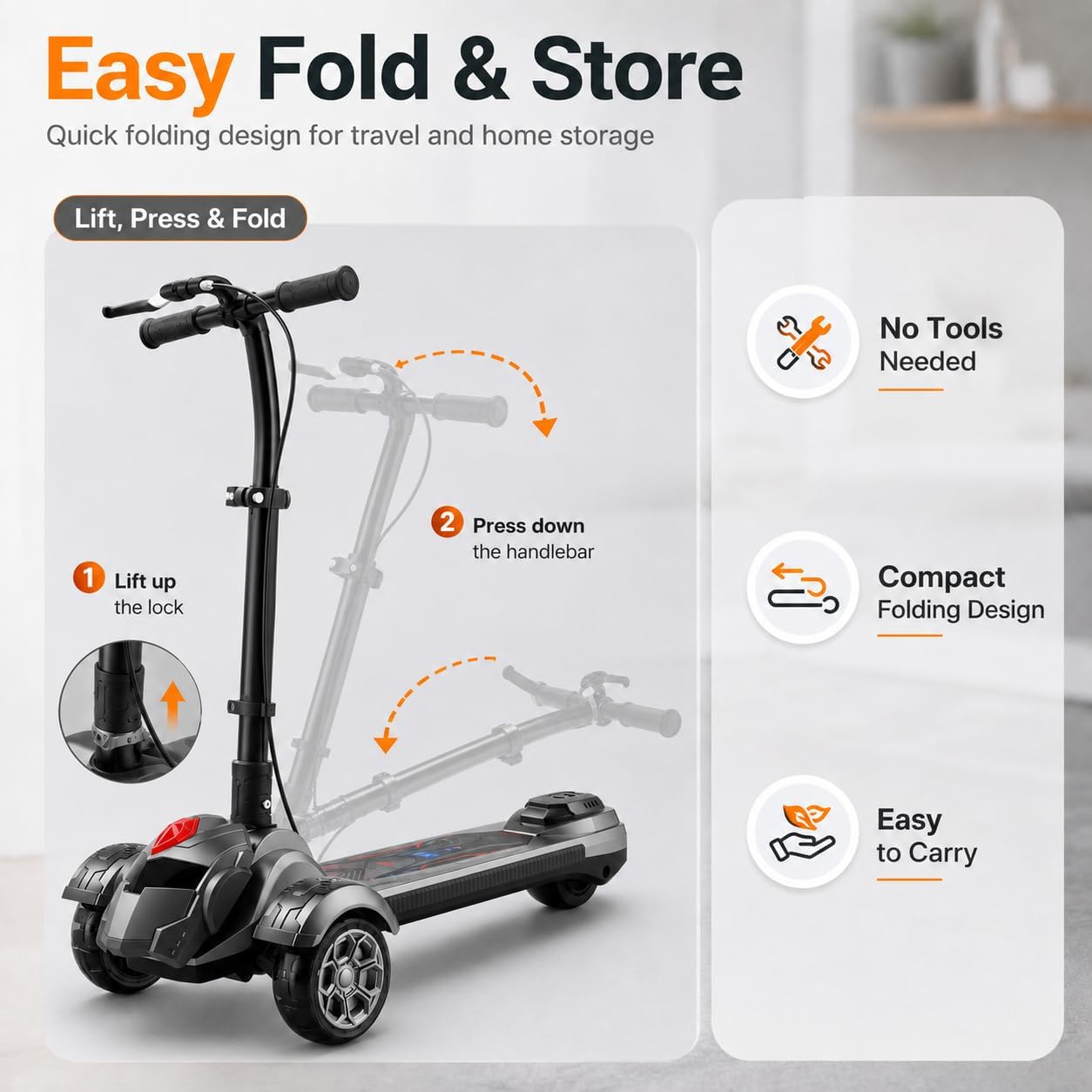 Kids Scooter for Ages 6+, Foldable Scooter for Kids with Music & Lights, Scooters for Kids 8-12, Scooters for Kids 5-7, Dual Hand & Foot Brake, Adjustable Height, 165lb, for Teens & Adults
