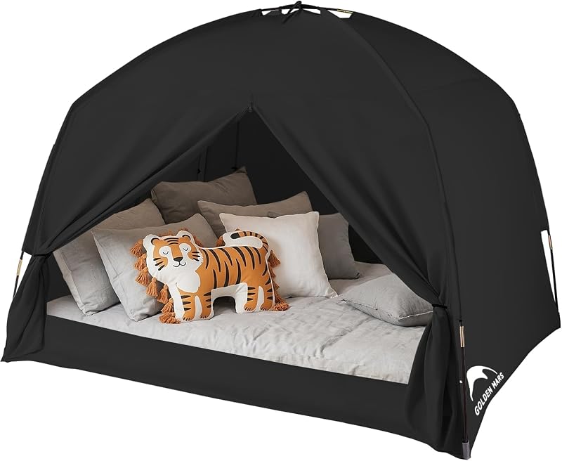 Tienda de campaña con cama doble para niños y adultos, tiendas de campaña para dormir en interiores | Tela 100% transpirable de 3 puertas, dosel de ensueño para dormir con gran espacio para uso en el piso o camas individuales, matrimoniales y tamaño Queen (negro, tamaño individual)