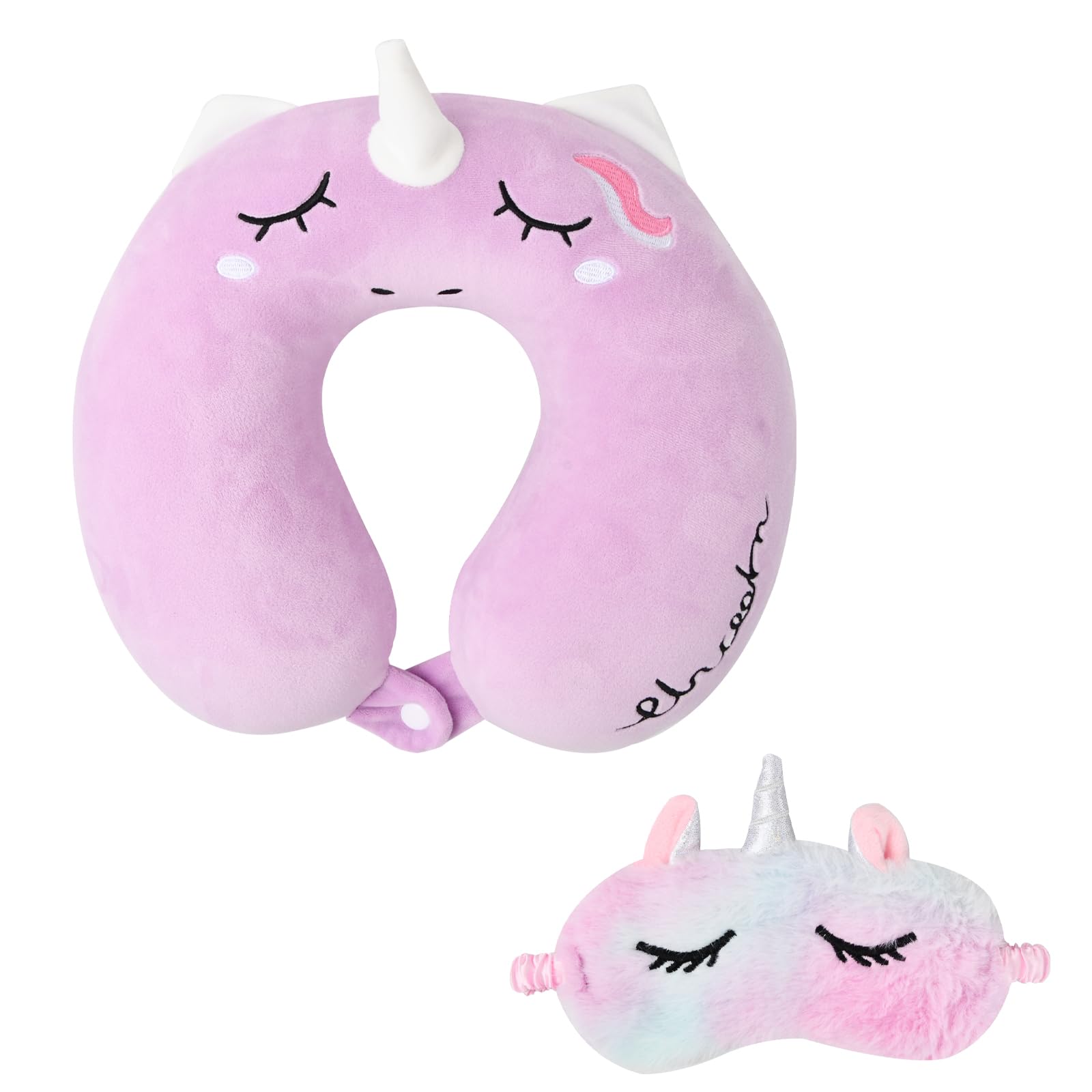 Coussin de Voyage Enfant Oreiller de Voyage, Coussin de Nuque Licorne en Mousse à Mémoire de Forme avec Masque Oreiller Cervical AdultesOculaire Oreiller Cervical pour Voiture Avion Bureau