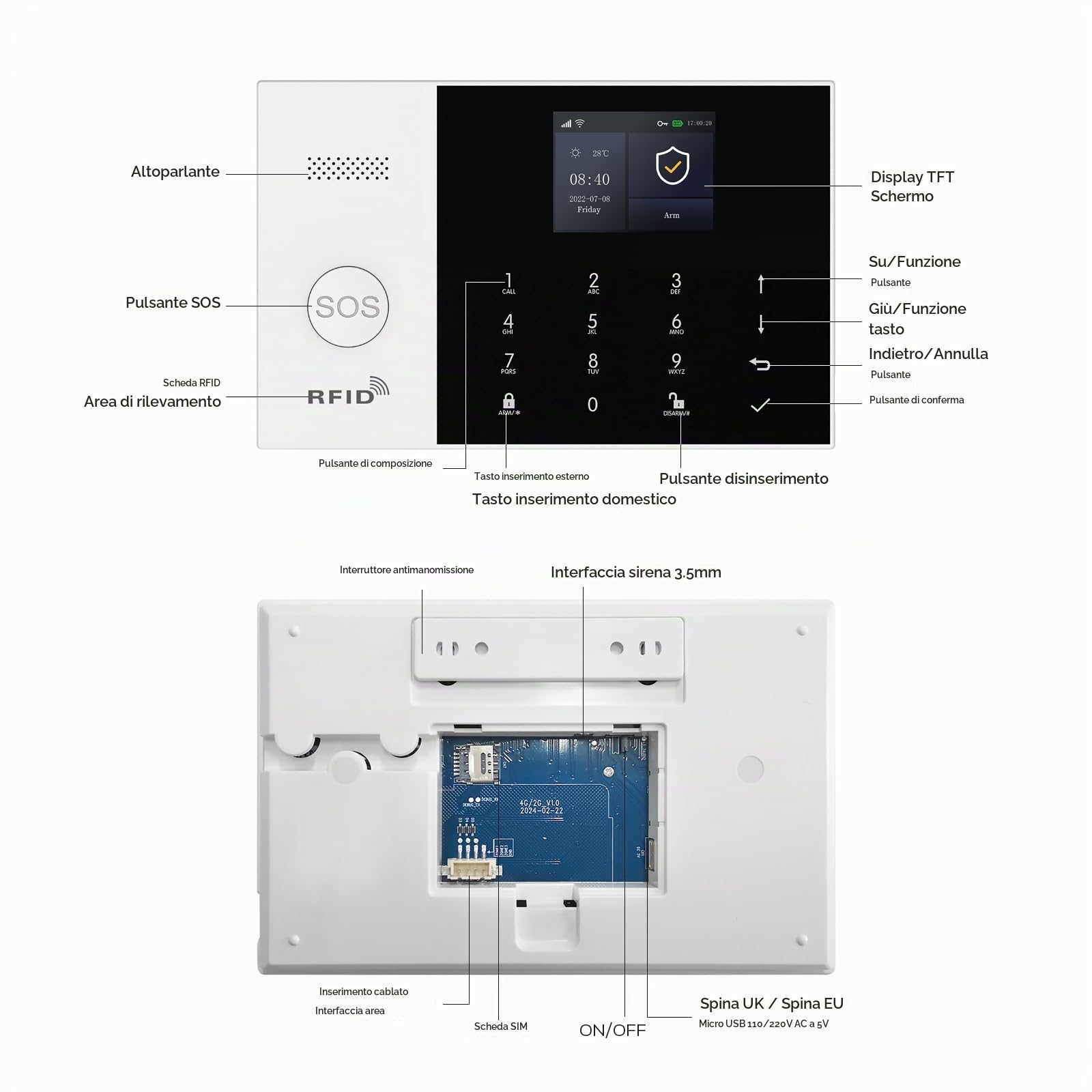 Sistema di Allarme GSM/WiFi con Sirena di Allarme da 120 dB, Telecomando Intelligente, display LCD, Annuncio vocale, Sicurezza per casa, ufficio