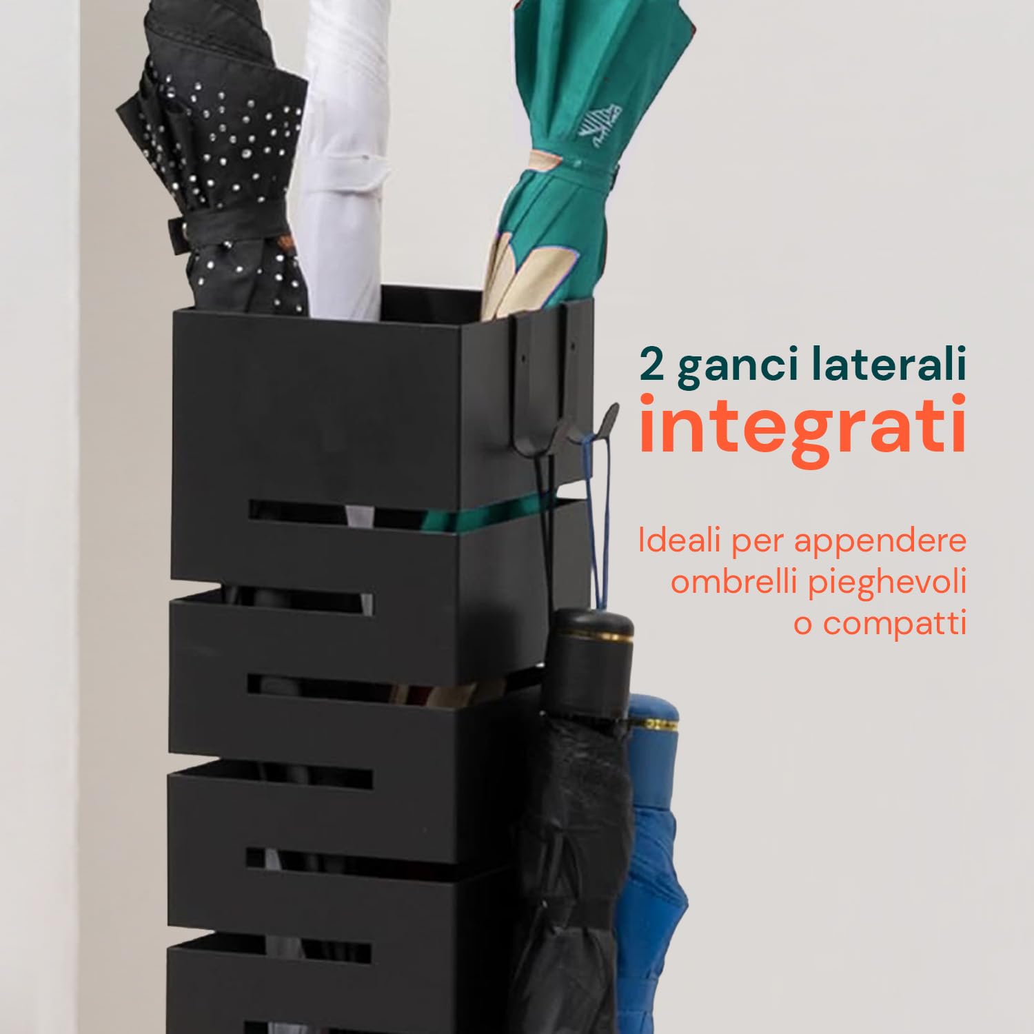 Avilia Portaombrelli da Interno Metallo Nero – Porta Ombrelli con Vaschetta Raccogligocce e 2 Ganci, Portaombrelli da Esterno 10 Ombrelli, Design Moderno per Ingresso Casa e Ufficio