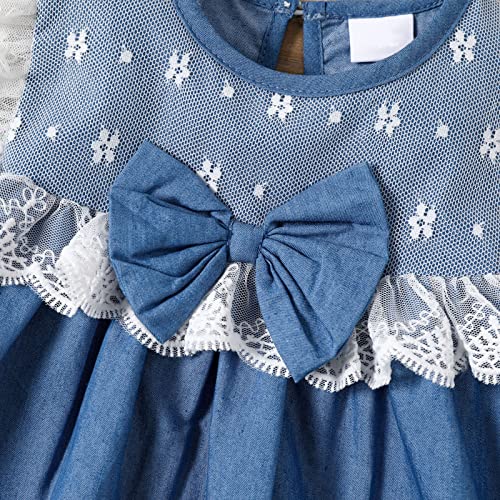 Vestido infantil de malha de manga comprida para meninas e meninas, Azul, 12-18 Meses