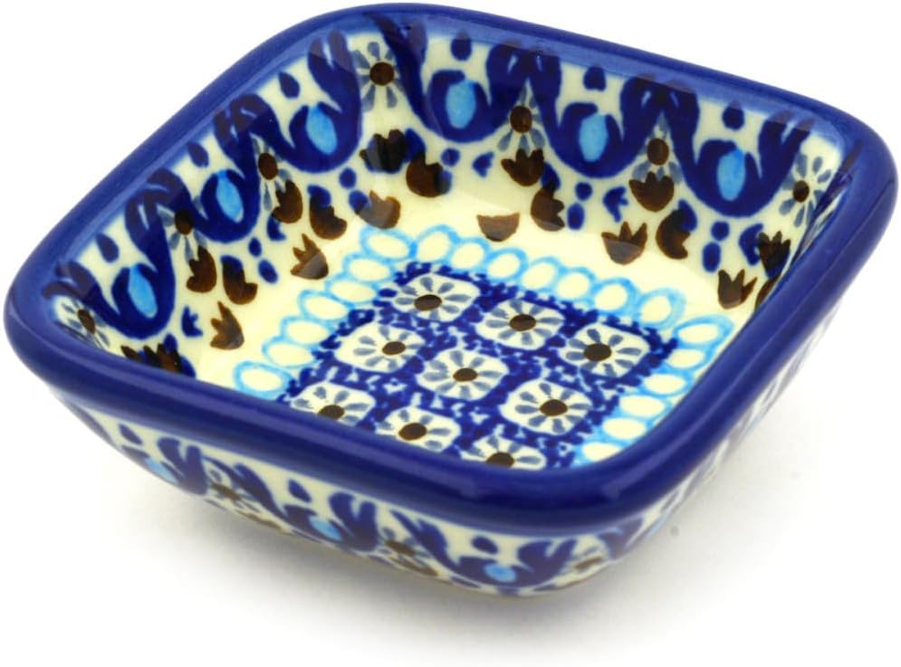 Polmedia Polish Pottery Square Bowl 3-inch - Blue Ice Pattern Handmade in Boleslawiec Poland by Ceramika Artystyczna + Certificate of Authenticity