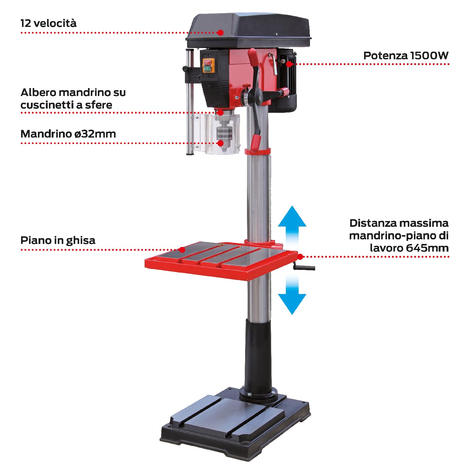 Valex TR32B Trapano a Colonna Elettrico, 1500W, 12 Velocità, Mandrino Ø32mm, h 1730mm