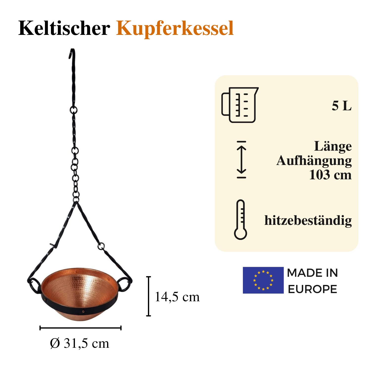 CopperGarden Keltischer Kupferkessel I Kessel aus Kupfer I Topf für Feuerstelle I Kochtopf outdoor I Mit Aufhängung I Kessel für offenes Feuer I Kochen im Feuer I 5L Volumen