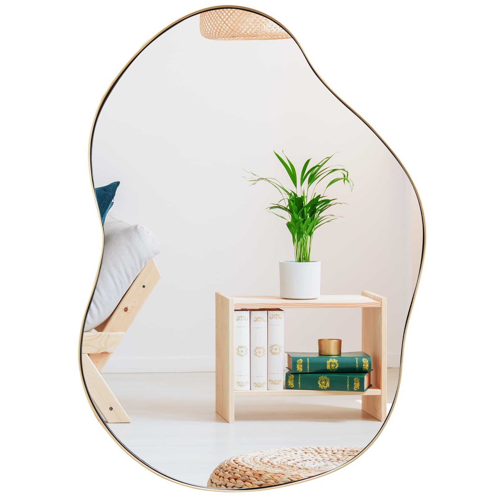 LIFEZEAL Espejo Decorativo de Pared, Espejo de Baño de Forma Irregular con Marco de Metal, Espejo asimétrico para Colgar en el Dormitorio, 56 x 78 cm (Dorado)