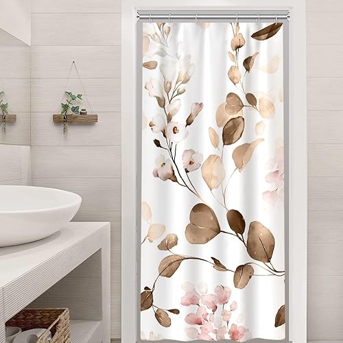 Miniatura 23 de Cortina de ducha con diseño de eucalipto azul acuarela, juego de cortina de ducha pequeña para caravana, impermeable, decoración de baño floral de