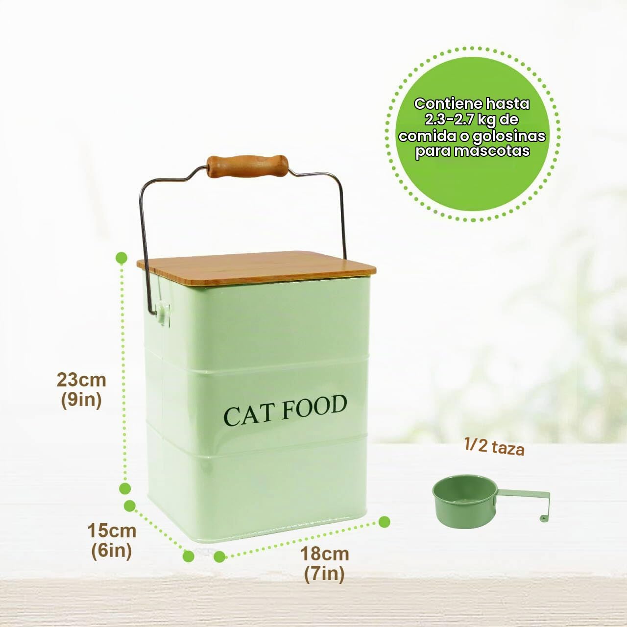 Geyecete Metal - Contenedor de croqueta para gatos (6 L, cajas para alimentos y golosinas, animales y herméticos, madera, tapas de acero al carbono revestidas, – Croqueta de gato con mango verde
