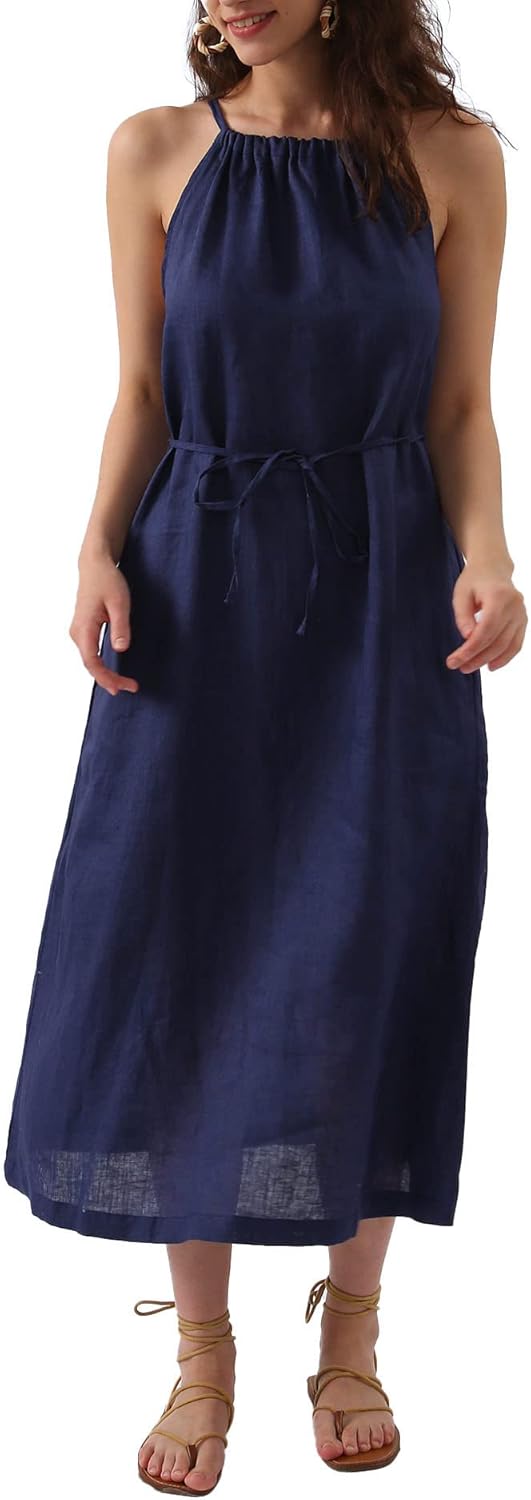Amazhiyu Womens Linen Halter Sleeveless Maxi Dress Tie Back with Belt and Pockets - Image 3