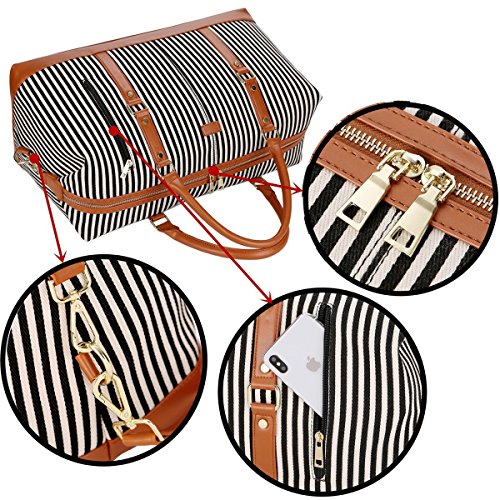 BAOSHA HB-14 Canvas Travel Tote Duffel Bag Carry on Weekender Overnight Bag Oversized for Women and Ladies (Black Strips)